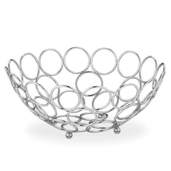 Cesto di frutta con motivo circolare, fruttiera in metallo, argento, 9 x 22,5 cm