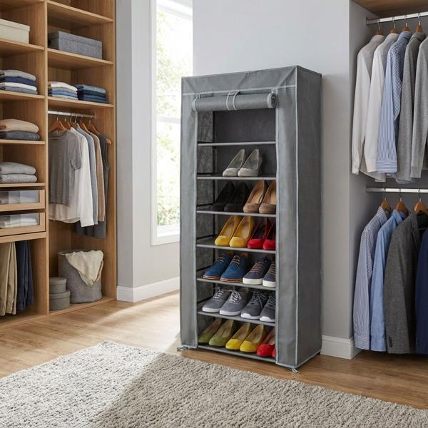 Schuhschrank aus Stoff - 8 Fächer für ca. 24 Paar Schuhe - 140x60x30cm Grau - Staub- & Mottenschutz mit Rolltür & Reissverschluss - Vliesstoff Metall Kunststoff