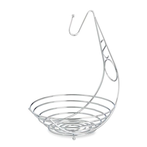 Cesto di frutta a spirale con porta-banane, fruttiera in metallo, argento, 42 x 29,5 x 32 cm
