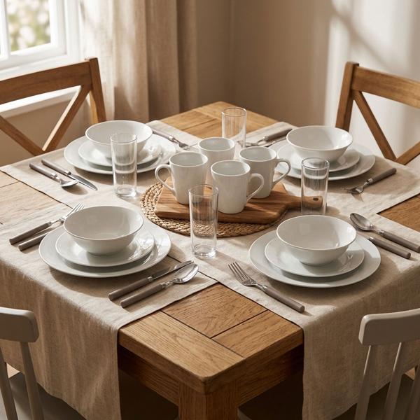 Servizio di piatti 36 pezzi – porcellana, bicchieri & posate – bianco, manici taupe – set da tavola di qualità per inviti & nuovo appartamento