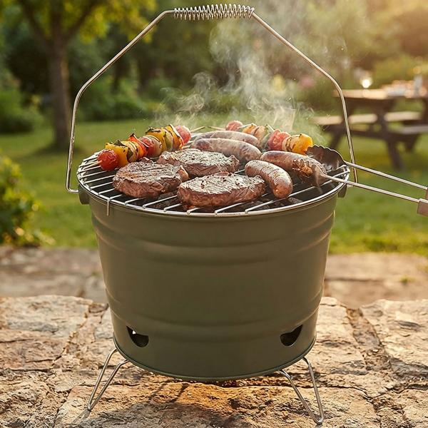 Barbecue au charbon de bois en métal, barbecue de balcon avec anse, noir mat, argenté, 34 x 20 cm