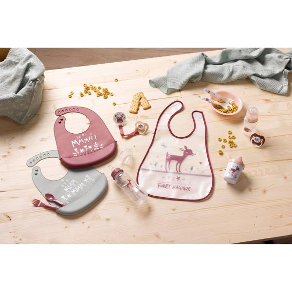 Bavoir bébé en silicone avec réceptacle, rouge, fleurs
