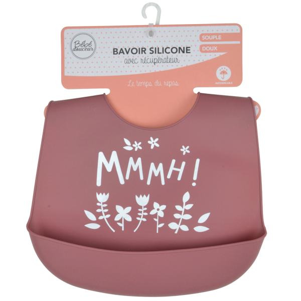 Bavoir bébé en silicone avec réceptacle, rouge, fleurs