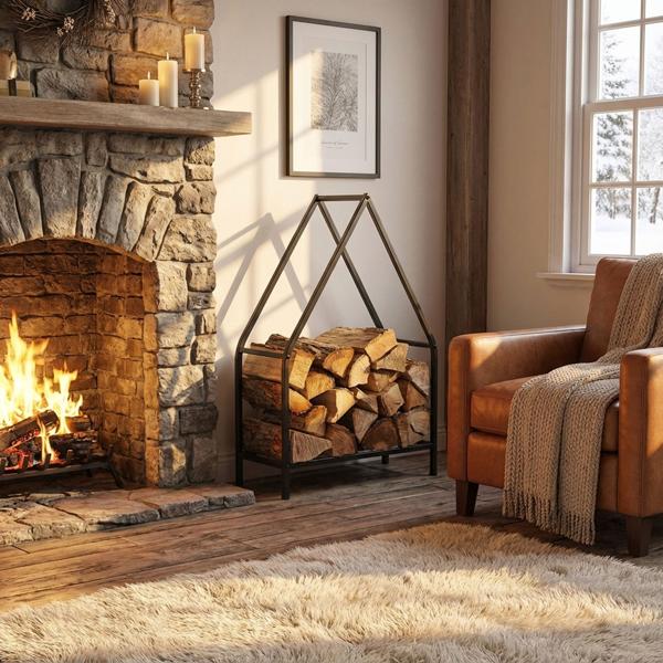 Porta legna da ardere in metallo “House“ (50x32x80cm): porta legna da ardere nero, elegante porta legna da ardere, porta legna da ardere decorativo