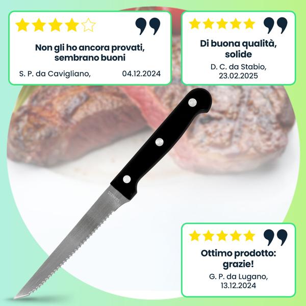 Coltelli da bistecca di alta qualità, set di 6 coltelli in acciaio inox, coltelli da barbecue con lame seghettate, lunghezza 21 cm, ideali anche per pizza e BBQ