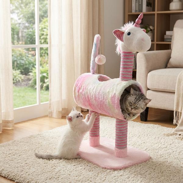 Katzenkratzbaum Einhorn-Optik - Ideal für Kitten & Senioren - Robust & dekorativ - 40x30x85cm - Weiss-Rosa - Für natürliche Instinkte