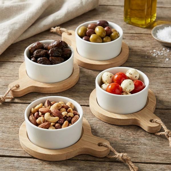 set di 4 eleganti ciotole da tapas in ceramica, su tagliere in bambù, Ø 7,5 x 9 cm - Moderne ed eleganti, ideali per antipasti, salse e salsine