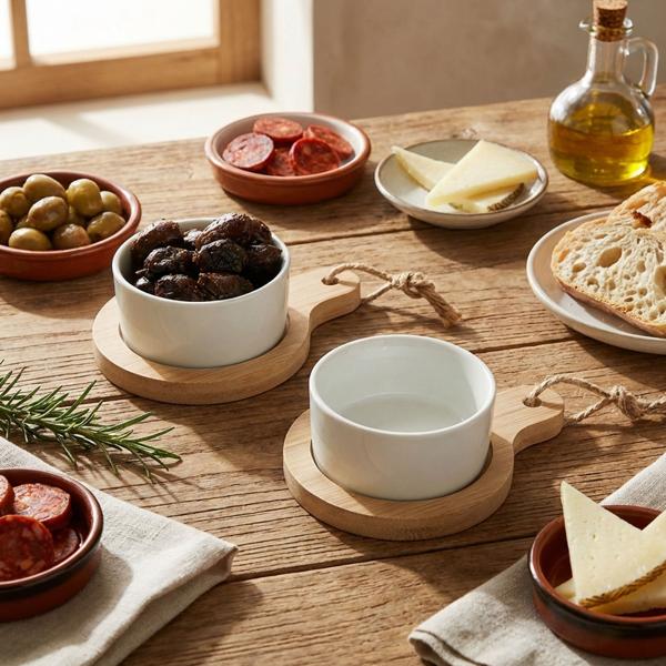 set di 4 eleganti ciotole da tapas in ceramica, su tagliere in bambù, Ø 7,5 x 9 cm - Moderne ed eleganti, ideali per antipasti, salse e salsine