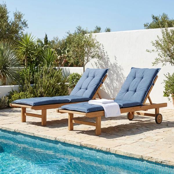 Lot de 2 coussins pour transat – Garnissage doux et confortable, cobalt, 200 x 65 cm – Protection UV, cordelettes & sangle – Pour jardin, balcon, chaise longue, bain de soleil