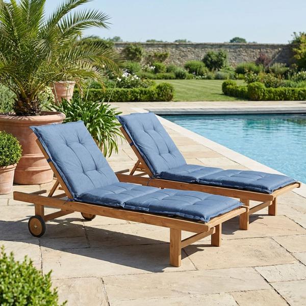 Lot de 2 coussins pour transat – Garnissage doux et confortable, cobalt, 200 x 65 cm – Protection UV, cordelettes & sangle – Pour jardin, balcon, chaise longue, bain de soleil