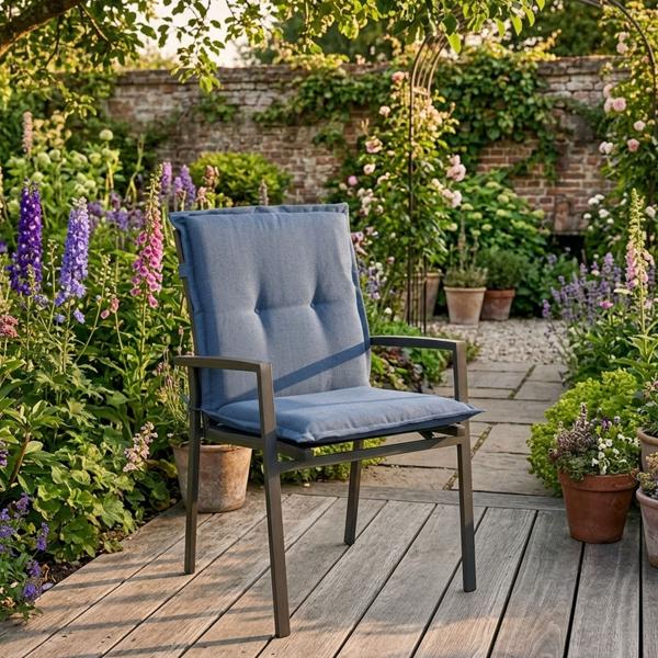 Set da 2 cuscini per sedia da giardino schienale basso – Imbottitura morbida e confortevole, blu cobalto, 105 x 50 cm – Protezione UV, con lacci e cintura, cuscino schienale basso