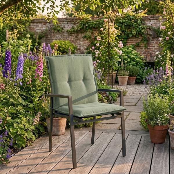 Lot de 2 coussins pour chaise de jardin dossier bas – garnissage doux et confortable, vert, 105 x 50 cm – protection UV, avec liens et sangle, rembourrage dossier bas