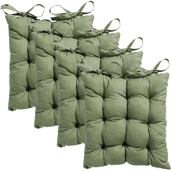4er-Set Stuhlkissen mit Steppung 46x46 cm Grün - Bequeme Sitzkissen für Küchen- & Gartenstühle - 8 cm Dicke - UV-Schutz - Mit Befestigungsbändern