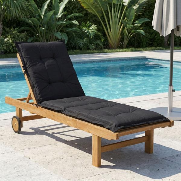 Coussin pour transat – Garnissage doux et confortable, noir, 200x65 cm – Protection UV, liens et sangle – Pour jardin, balcon, chaise longue, bain de soleil