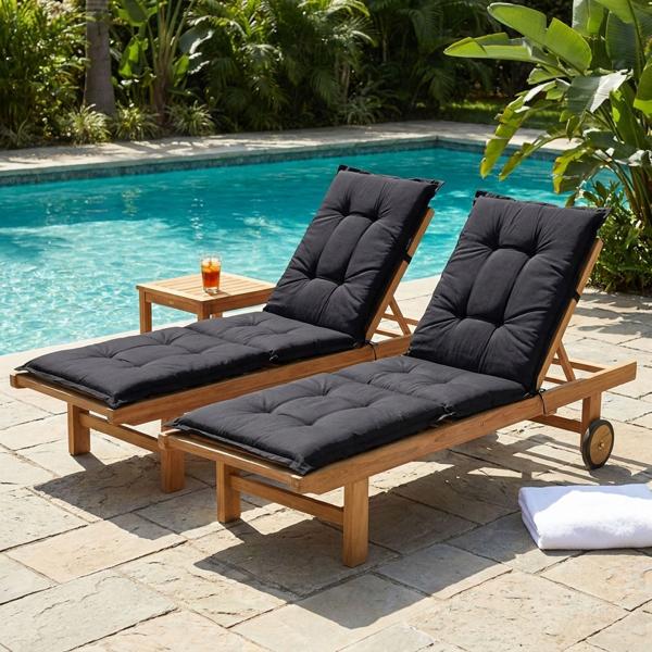 Lot de 2 coussins pour chaise longue – Garnissage souple et confortable, noir, 200 x 65 cm – Protection UV, liens d’attache et sangle – Pour jardin, balcon, transat, bain de soleil