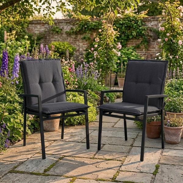 Set da 2 cuscini per sedia da giardino schienale basso – Imbottitura morbida e confortevole, nero, 105 x 50 cm – Protezione UV, con lacci e cinghia, imbottitura schienale basso