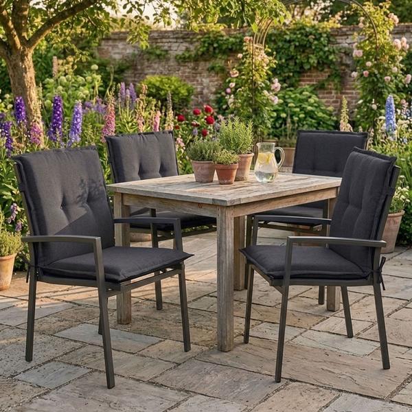 Lot de 4 coussins pour chaise de jardin dossier bas – Garnissage doux et confortable, noir, 105 x 50 cm – Protection UV, avec liens et sangle, coussin dossier bas