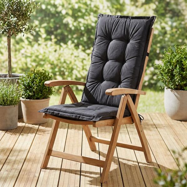 Cuscino per sedia da giardino alto schienale – Imbottitura morbida e confortevole, nero, 123 x 50 cm – Protezione UV, con lacci e cinghia, imbottitura per alto schienale