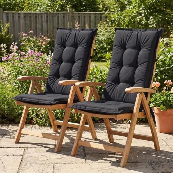Set di 2 cuscini per sedia da giardino schienale alto – Imbottitura morbida e confortevole, nero, 123 x 50 cm – Protezione UV, con lacci e cinghia, imbottitura schienale alto