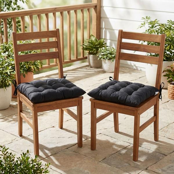 Lot de 2 coussins de chaise matelassés 46 x 46 cm noirs – Coussins d’assise confortables pour chaises de cuisine et de jardin – Épaisseur 8 cm – Protection UV – Avec liens de fixation