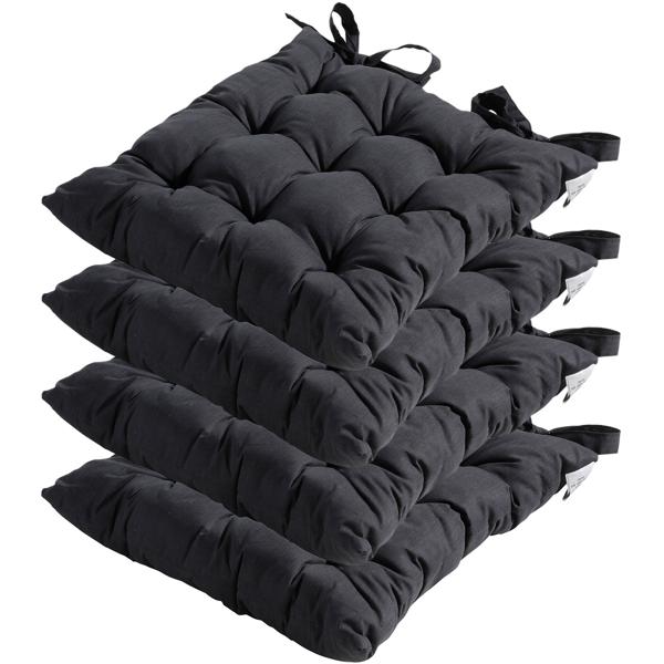 4er-Set Stuhlkissen mit Steppung 46x46 cm Schwarz - Bequeme Sitzkissen für Küchen- & Gartenstühle - 8 cm Dicke - UV-Schutz - Mit Befestigungsbändern