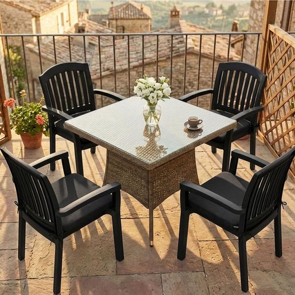 Lot de 4 coussins de chaise 46x48 cm noir – coussins d’assise confortables pour chaises de salle à manger et de jardin – épaisseur 4,5 cm – protection UV – avec liens de fixation – garnissage SG-20