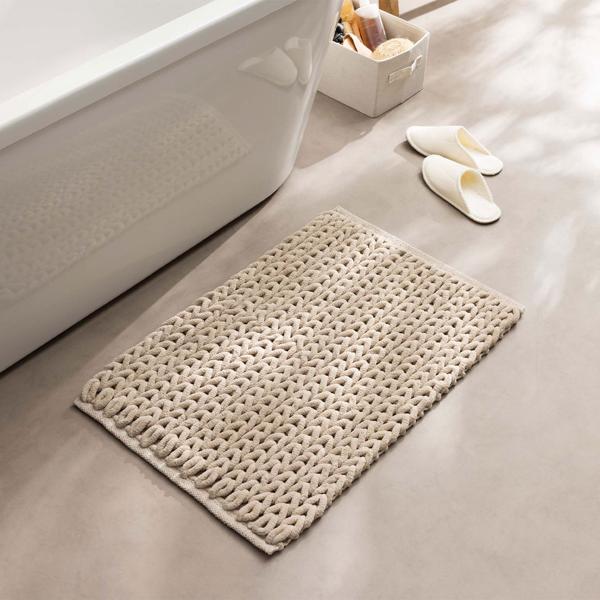 Tapis de bain premium 80x50 cm sable – tapis de douche moelleux aspect tricot en relief – tapis de bain antidérapant en mélange de coton