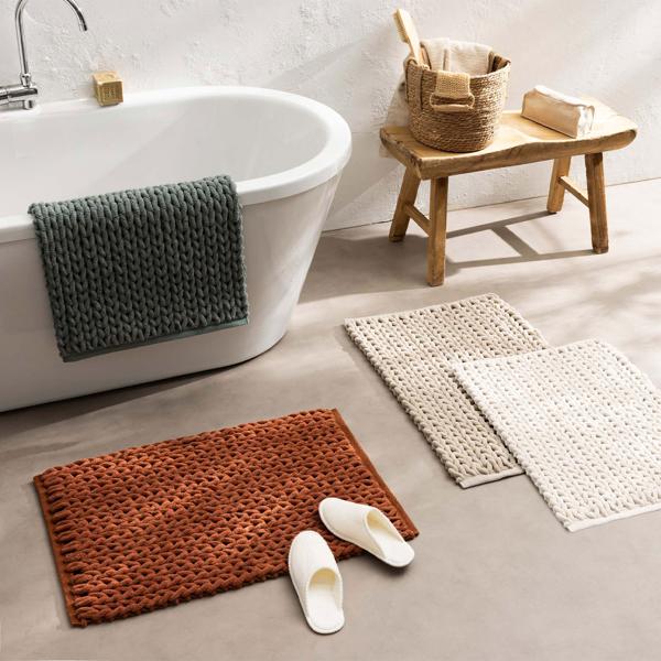 Tapis de bain premium 80x50 cm terracotta – tapis de douche moelleux look tricot en relief – tapis de bain antidérapant en mélange de coton