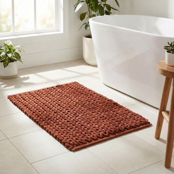 Tapis de bain premium 80x50 cm terracotta – tapis de douche moelleux look tricot en relief – tapis de bain antidérapant en mélange de coton