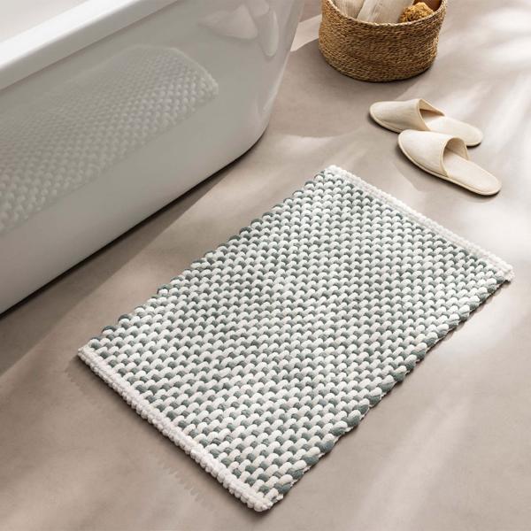 Tapis de bain 80x50 cm vert-blanc – tapis de douche doux en tissu chenille à effet maille – tapis de bain antidérapant avec part de coton