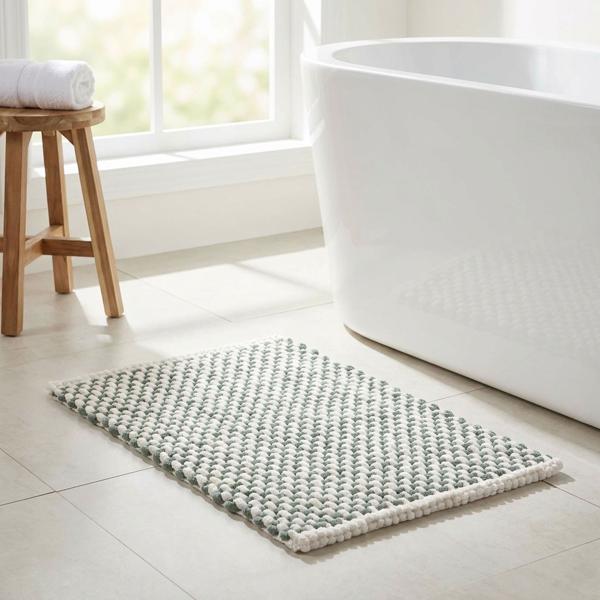 Tapis de bain 80x50 cm vert-blanc – tapis de douche doux en tissu chenille à effet maille – tapis de bain antidérapant avec part de coton