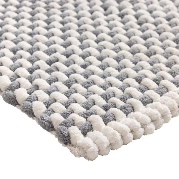 Tapis de bain 80x50 cm gris-blanc - tapis de douche doux en tissu chenille au look tricot - tapis de bain antiglisse avec part de coton