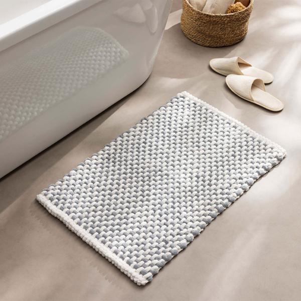 Tapis de bain 80x50 cm gris-blanc - tapis de douche doux en tissu chenille au look tricot - tapis de bain antiglisse avec part de coton