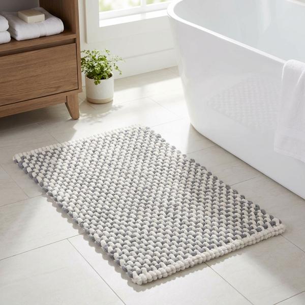 Tapis de bain 80x50 cm gris-blanc - tapis de douche doux en tissu chenille au look tricot - tapis de bain antiglisse avec part de coton