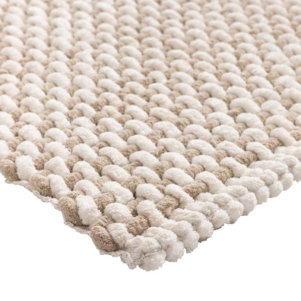 Tapis de bain 80x50 cm beige-blanc – tapis de douche doux en chenille aspect tricot – tapis de salle de bain antidérapant avec part de coton