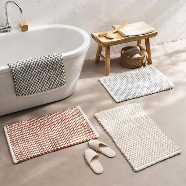 Tapis de bain 80x50 cm beige-blanc – tapis de douche doux en chenille aspect tricot – tapis de salle de bain antidérapant avec part de coton