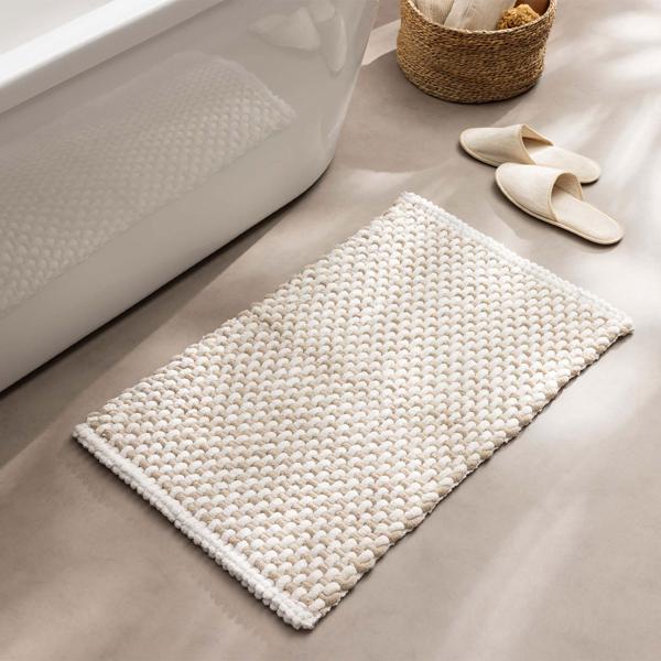 Tapis de bain 80x50 cm beige-blanc – tapis de douche doux en chenille aspect tricot – tapis de salle de bain antidérapant avec part de coton