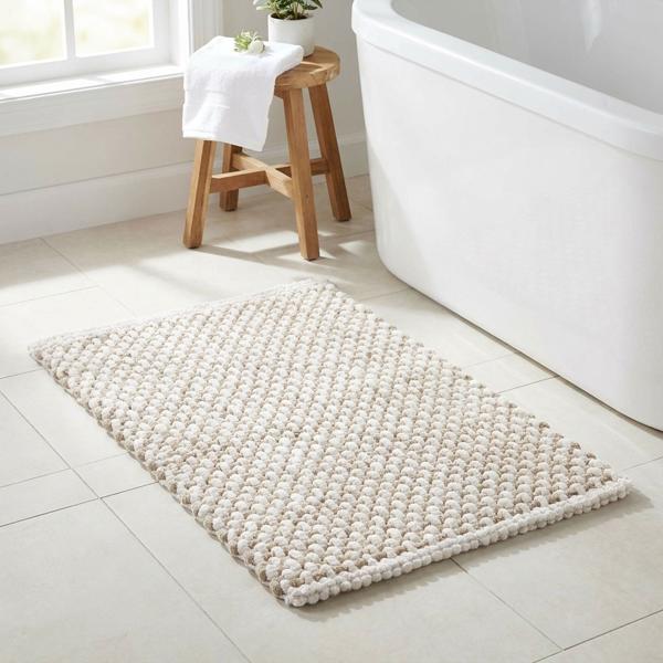 Tapis de bain 80x50 cm beige-blanc – tapis de douche doux en chenille aspect tricot – tapis de salle de bain antidérapant avec part de coton