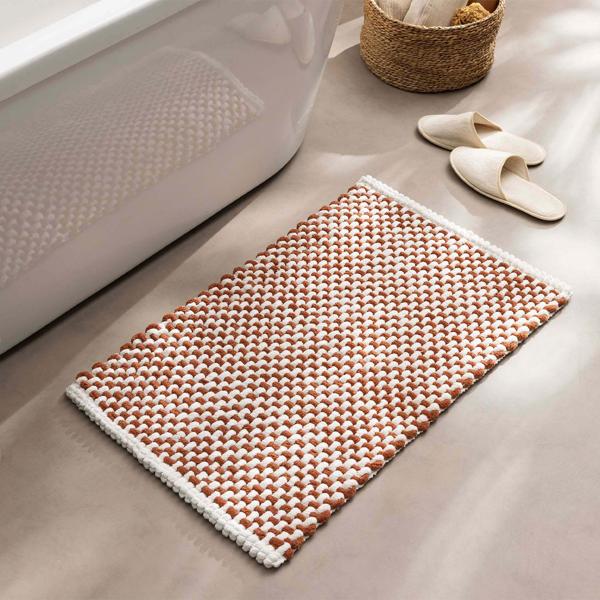Tapis de bain 80x50 cm terracotta-blanc – tapis de douche doux en chenille au look tricot – tapis de bain antidérapant avec part de coton
