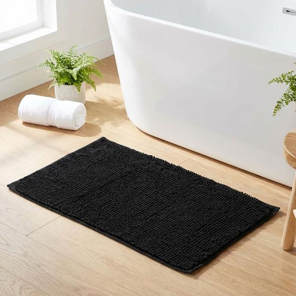 Tapis de salle de bains moelleux 75 x 45 cm noir – tapis de douche antidérapant avec texture douce en microfibre