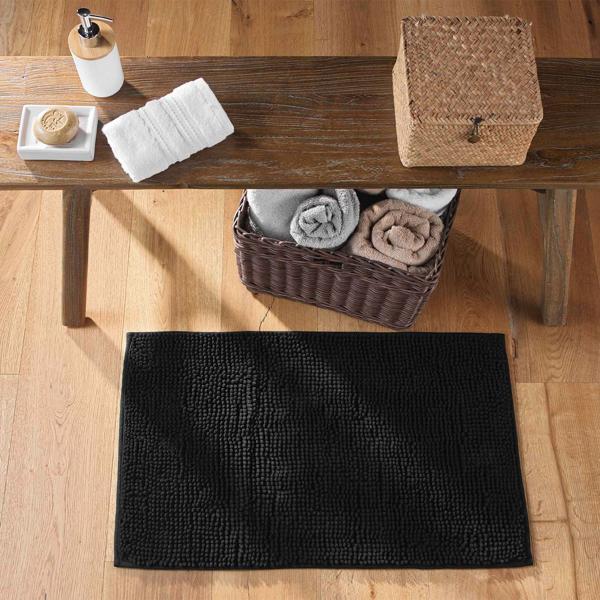 Tapis de salle de bains moelleux 75 x 45 cm noir – tapis de douche antidérapant avec texture douce en microfibre