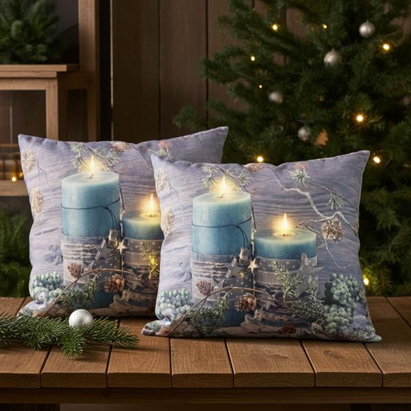 2er-Set Deko-Kissen 45x45 cm - Kerzen-Motiv mit sicherem LED-Flackerlicht - Batteriebetrieben - Ideal für gemütliche Weihnachts-Deko ohne Flamme