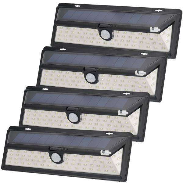 4er-Spar Set Moderne Wandleuchte, Solarpanel, PIR Bewegungs-Sensor, 66 helle LEDs, 800 Lumen, 13,2 Watt, IP44, inkl. Montagematerial