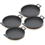 set di 4 teglie rotonde in ghisa di alta qualità, 2 manici, asse di bambù come elegante sottopentola, Ø 18,5 cm, teglia solida e moderna - puro stile