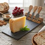 Schiefer Käsebrett Set mit integrierter Halterung für Käsebesteck - Edle Servierplatte aus Schieferstein für Käse, Snacks & Tapas