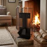 set camino 4 pezzi, acciaio, supporto per camino, scopa, pala e attizzatoio